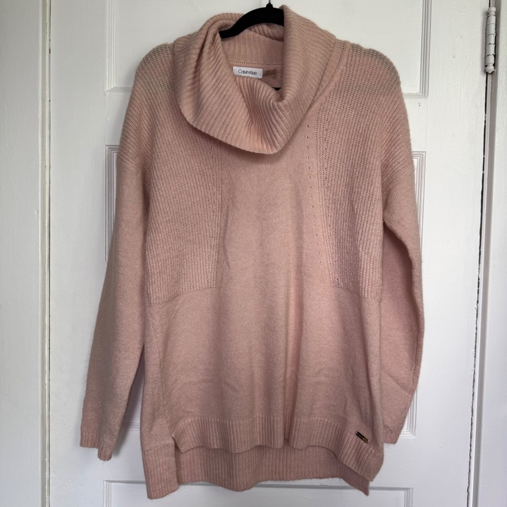 Calvin Klein Womens Cowl Neck Tunic Sweater Blush Pink Ribbed C9HS6007 Small